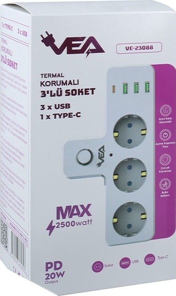 Anahtarlı Topraklı Priz Adaptörü, 3 Soketli 3xusb 2.4A, 1xtype-C 20 Watt, Akım Korumalı Priz, 10 A, 2500 W, Duvar Fişi, USB Fişi, USB C Bağlantı Noktalı, Hızlı Şarj,