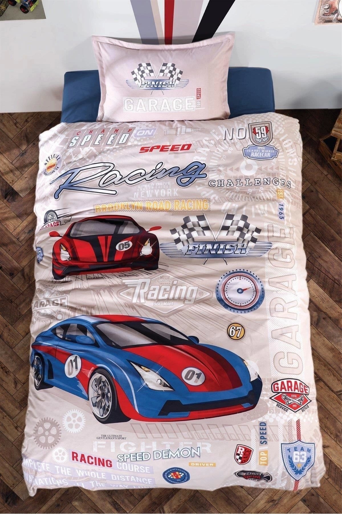 Ranforce %100 Pamuk Tek Kişilik Nevresim Takımı Garage V1 Bej