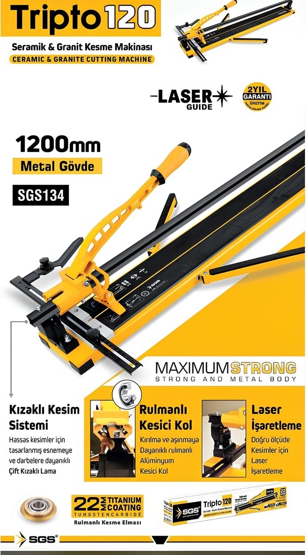 SGS134 - TRIPTO120 Seramik Granit Fayans Kesme Makinası 120CM - Lazerli Kesim - Rulmanlı
