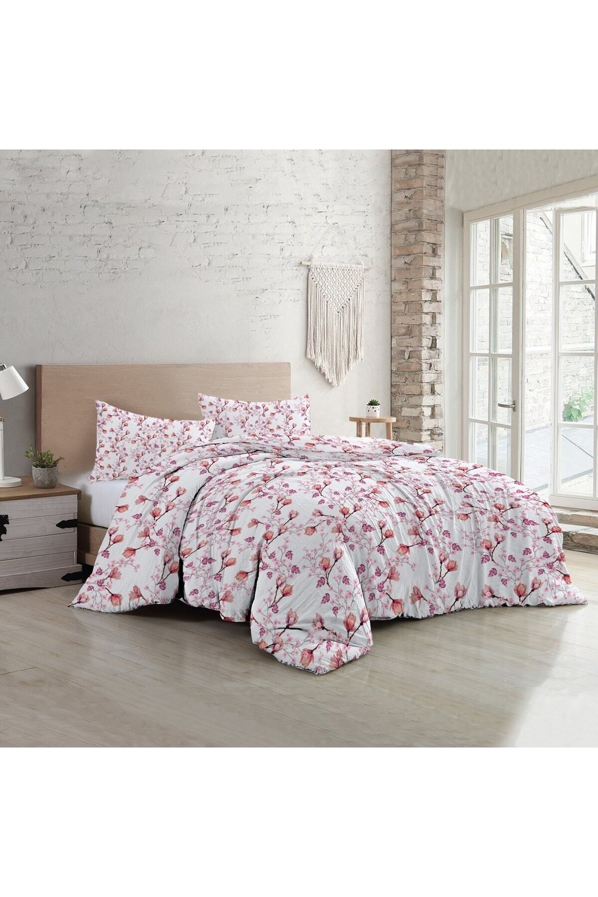 Kıng Sıze Cherry Blossom Luxury Çift Kişilik Pamuk Saten Nevresim Takımı 220x240cm