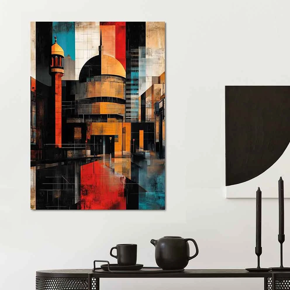 “cami ve Minare Temalı Soyut Geometrik Tablo – Geometrik Modern Islam Sanatı Duvar Dekoru”