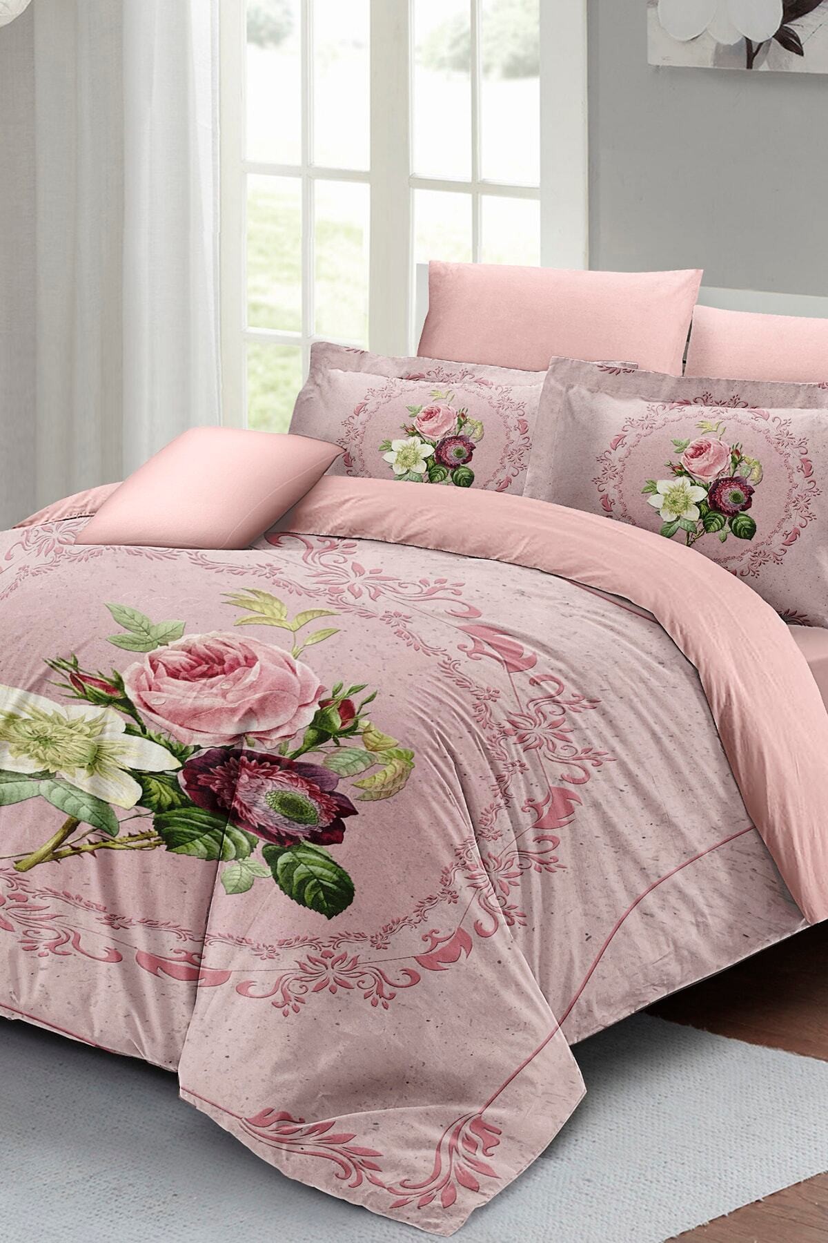 Kıng Sıze Çift Kişilik Nevresim Takımı %100 Pamuk Saten Damascus Rose 220x240cm