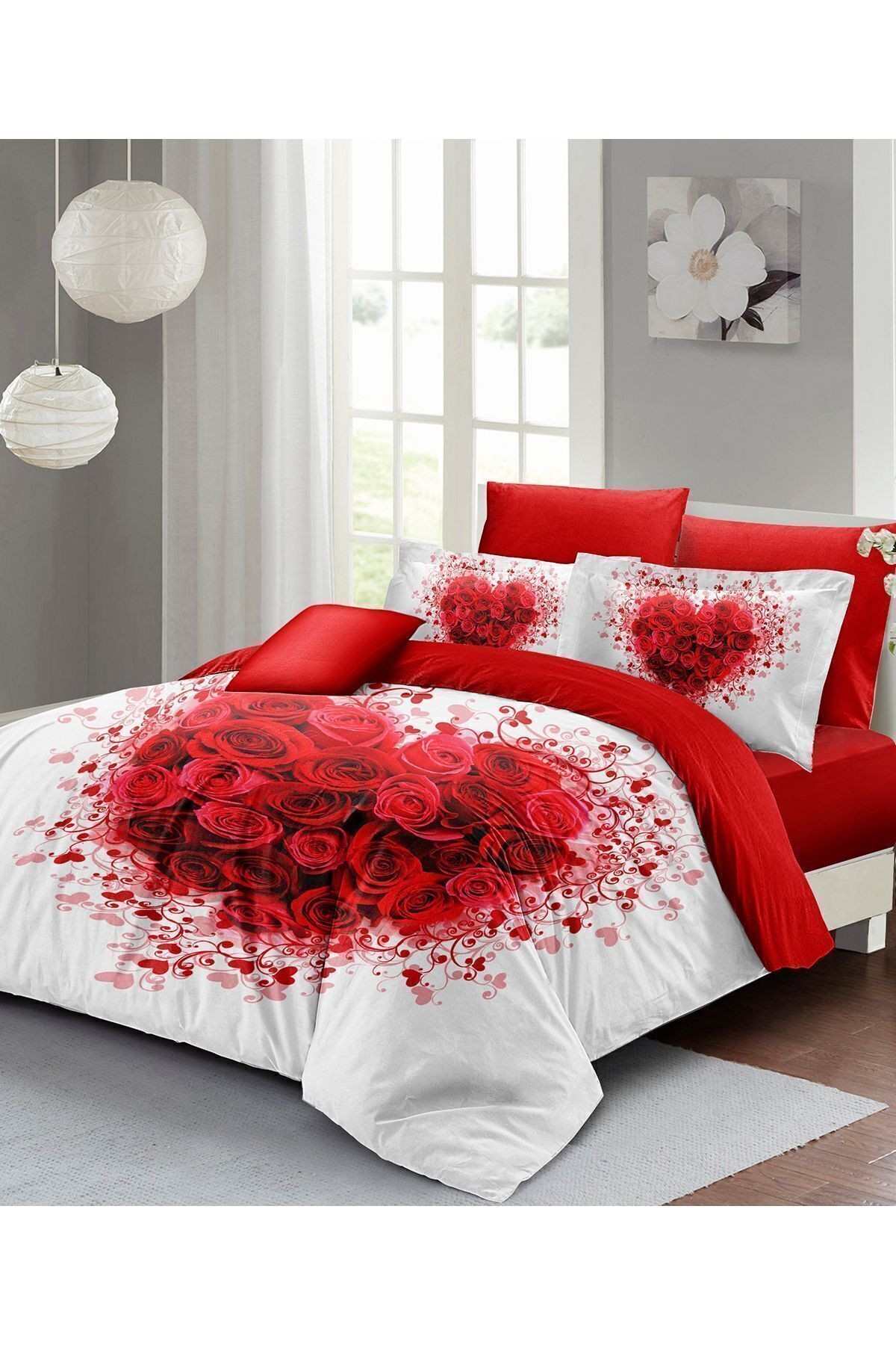 Kalpli Nevresim 3d Dijital Özel Tasarım Pamuk Saten Çift Kişilik Rose Heart