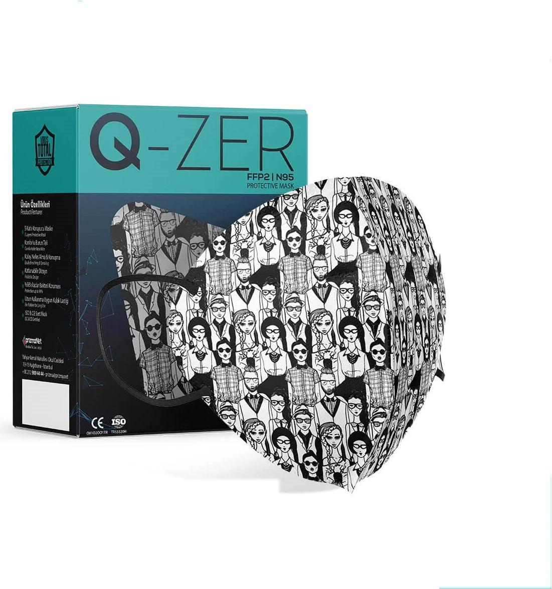Qzer Insanlar Desenli Ffp2 N95 Maske Meltblown Katmanlı