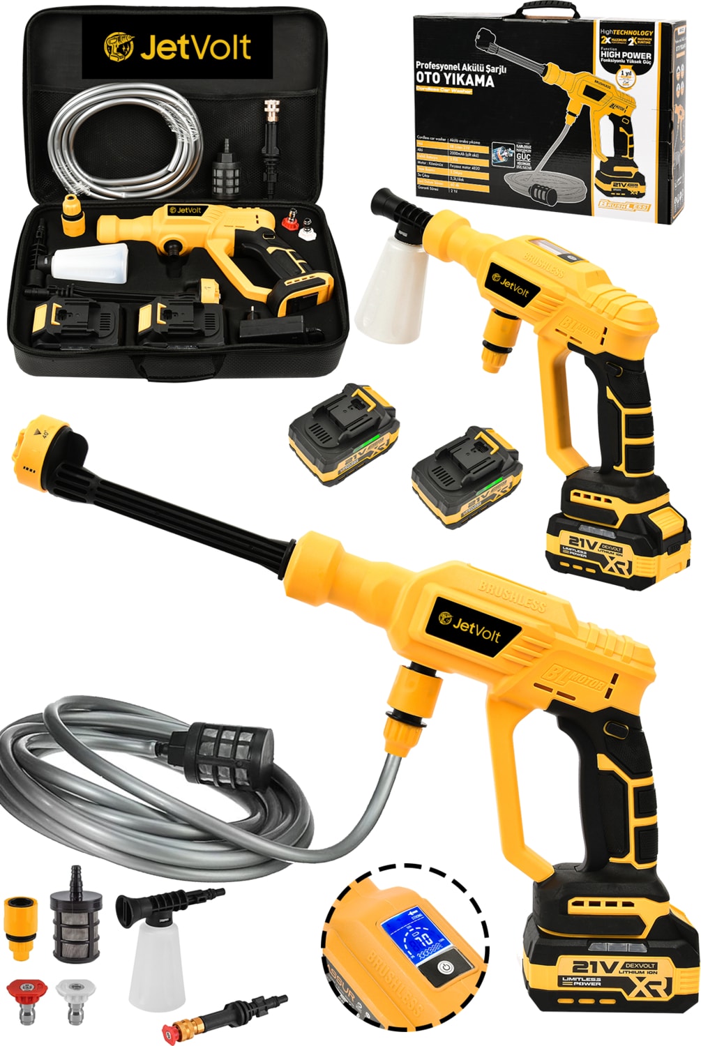 21V 2.0AH Kömürsüz Motor Yüksek Basınçlı Akülü Oto Araba Yıkama Makinesi Şarjlı - Sarı