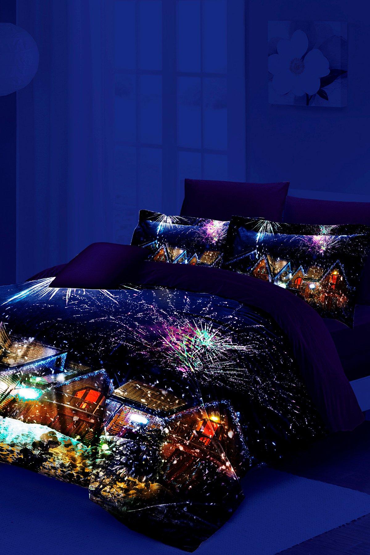 Yılbaşı Neonlu Fosforlu Nevresim Takımı Çift Kişilik %100 Pamuk Saten  Nights Houses