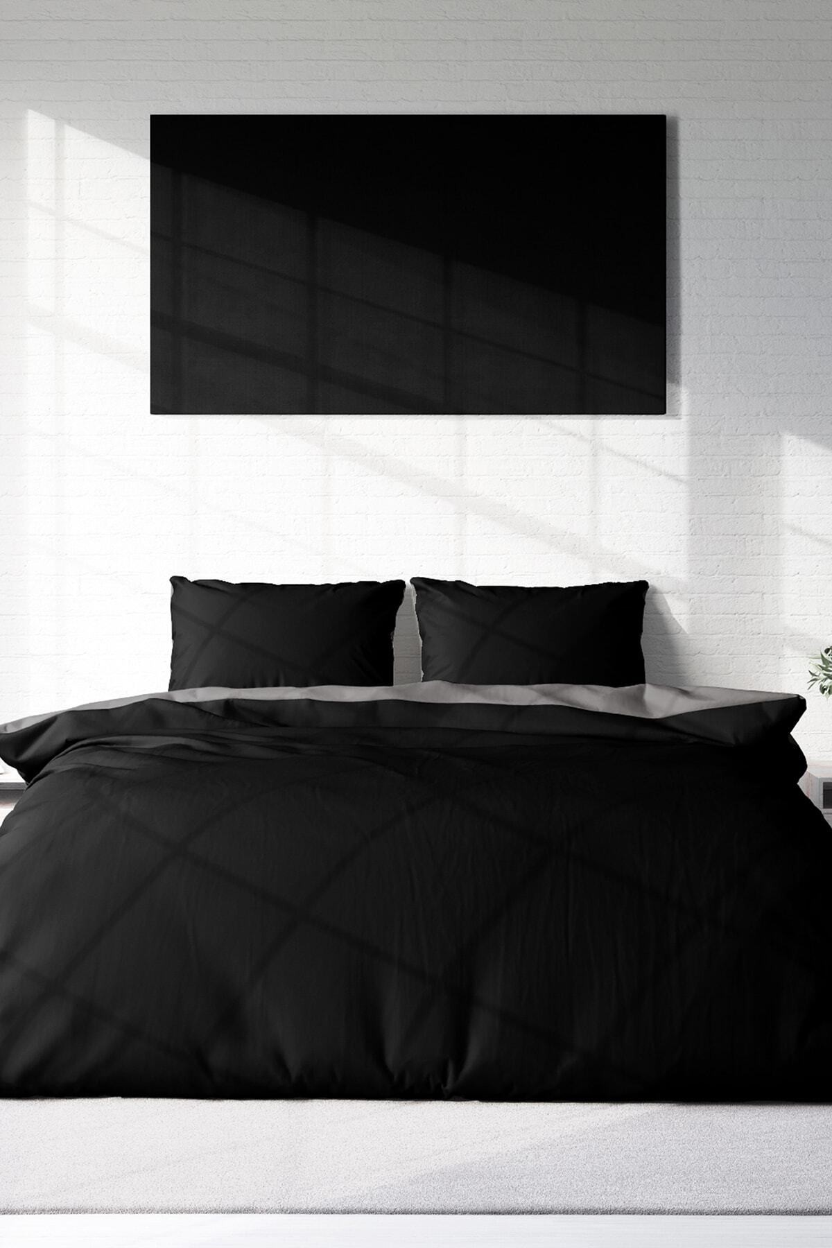 Kıng Sıze Deluxe Çift Taraflı Pamuk Ranforce Çift Kişilik Nevresim Takımı Siyah Gri 220x240cm