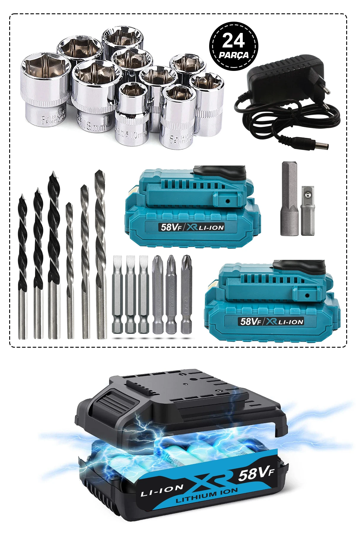 Pro-xxc-line Germany Technology Çift Akülü Şarjlı Matkap 24 Parça 58 Vf 5 Ah Powerblack