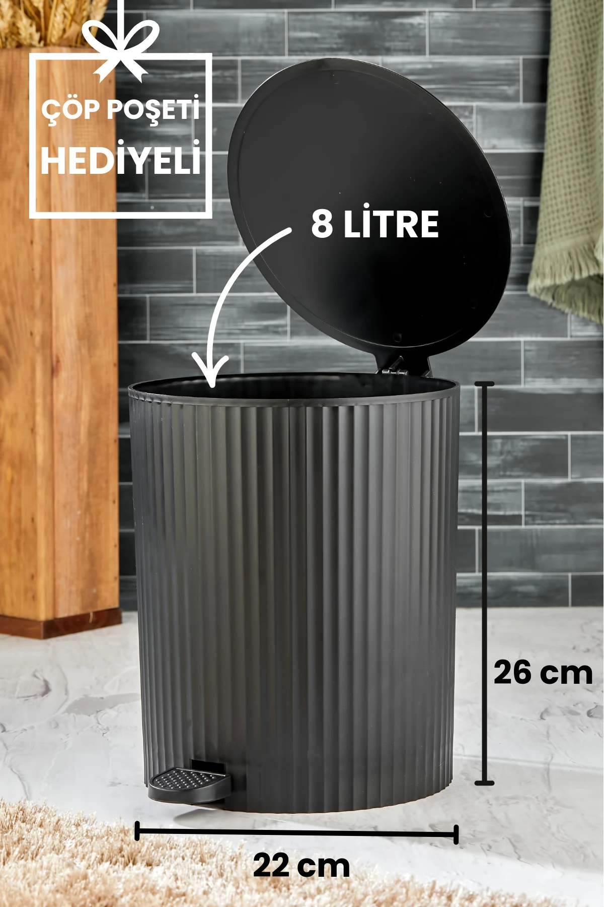 ESTE - Yuvarlak Pedallı Çöp Kovası - Çizgili Kapaklı - Banyo Mutfak