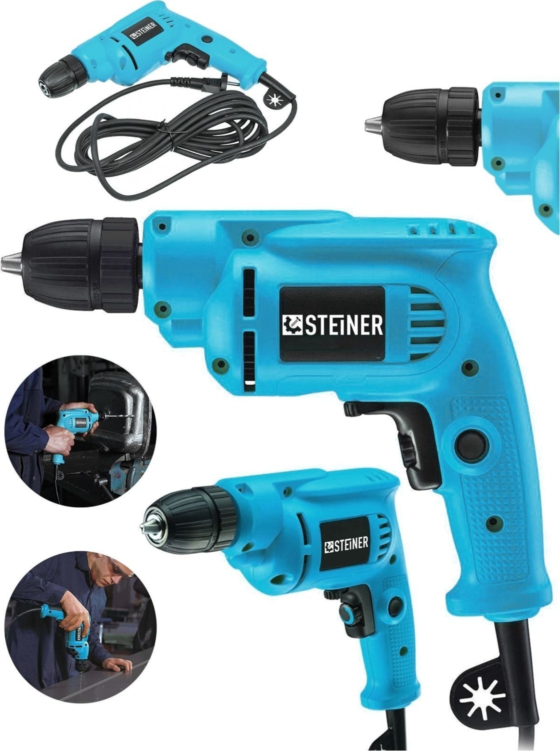 Alman 1400 Watt 10 mm Professional Bakır Sargılı Kablolu Darbesiz Vidalama Matkap Mavi