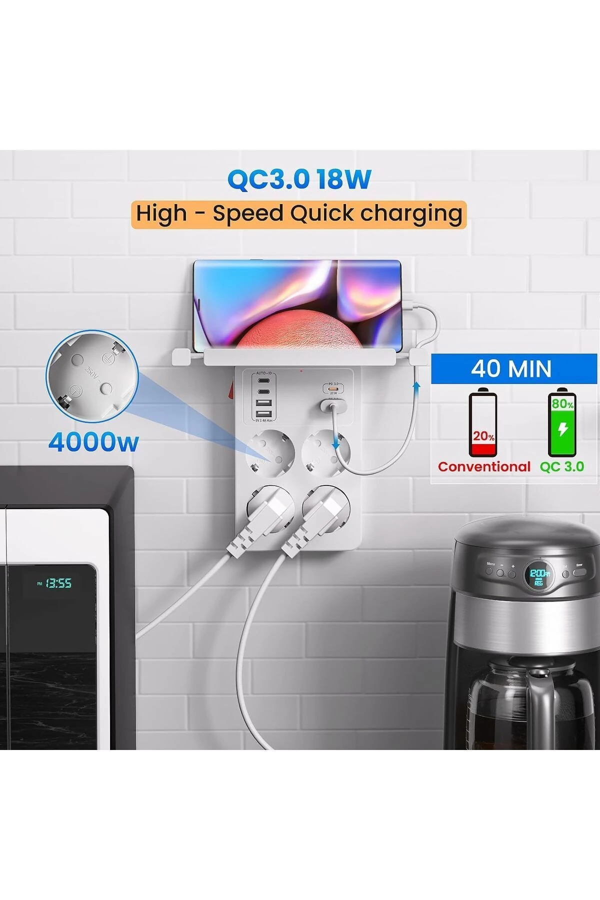 Anahtarlı Çoklu Priz USB C, Akım Korumalı Topraklı Hızlı şarjlı, Priz çoklayıcı Adaptör, Beyaz