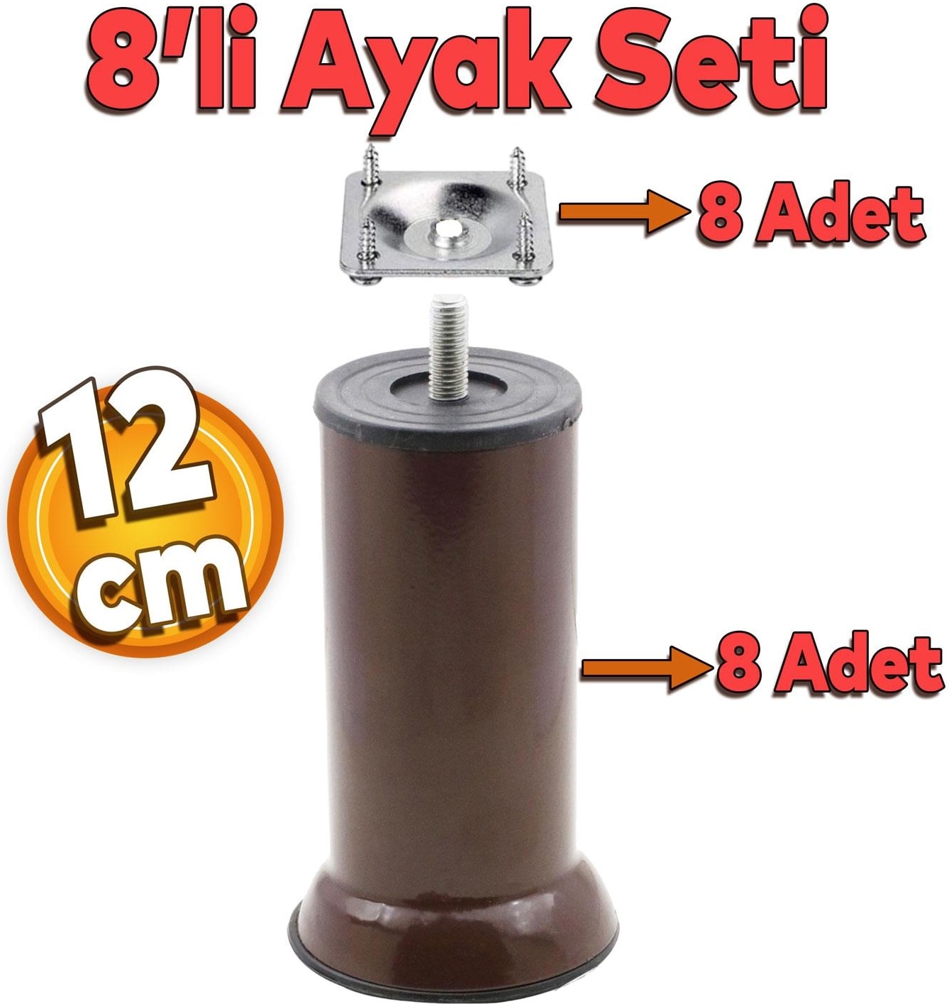 Mobilya Kanepe Baza Koltuk Destek Ayağı M8 Civata 12 Cm Kahverengi Ayakları Bağlantı Aparatı 8li Set