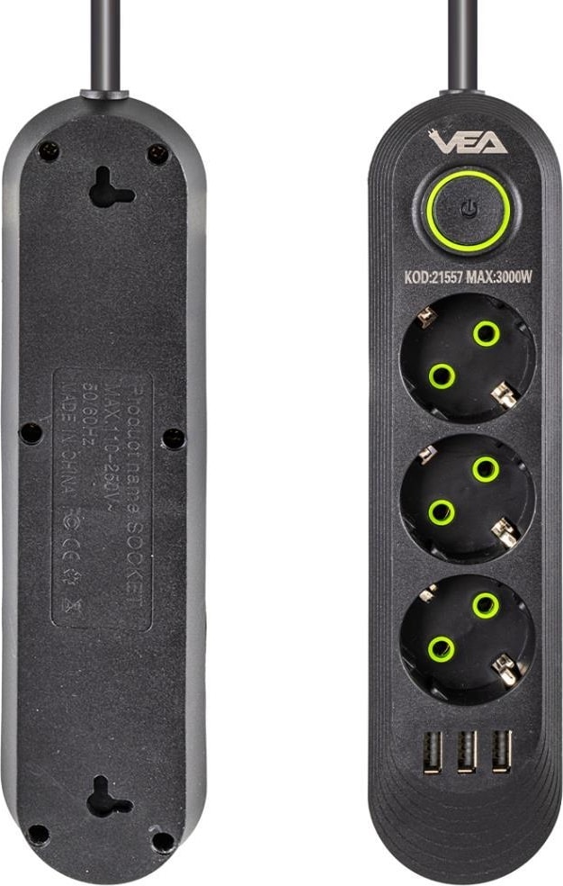 VA-21557 3 x Usb'li 3'lü 1.5 Metre Akım Korumalı Priz Siyah