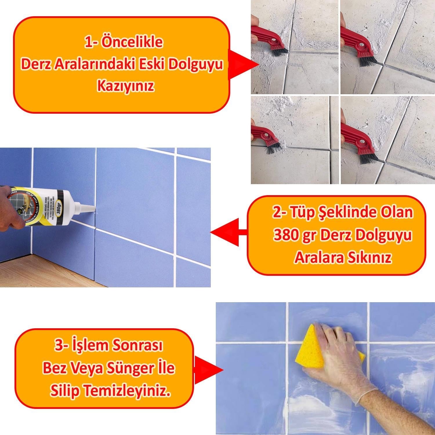 (4'LÜ SET) Fayans Arası Beyaz Hazır Derz Dolgusu + Temizleyici Kazıyıcı + 2'li Derz Boyama Kalemi