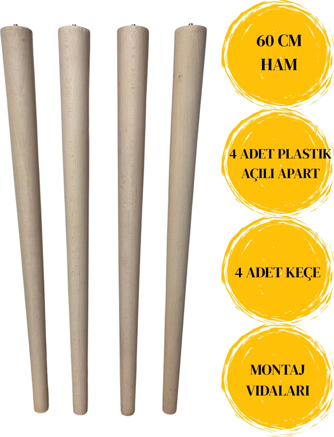 Ham 60 cm Konik Ahşap Mobilya Ayağı – 4 Adet (Masa, Konsol, Sehpa, Tv Ünitesi Için – Bağlantı Aparatları ve Vidalar Dahil)