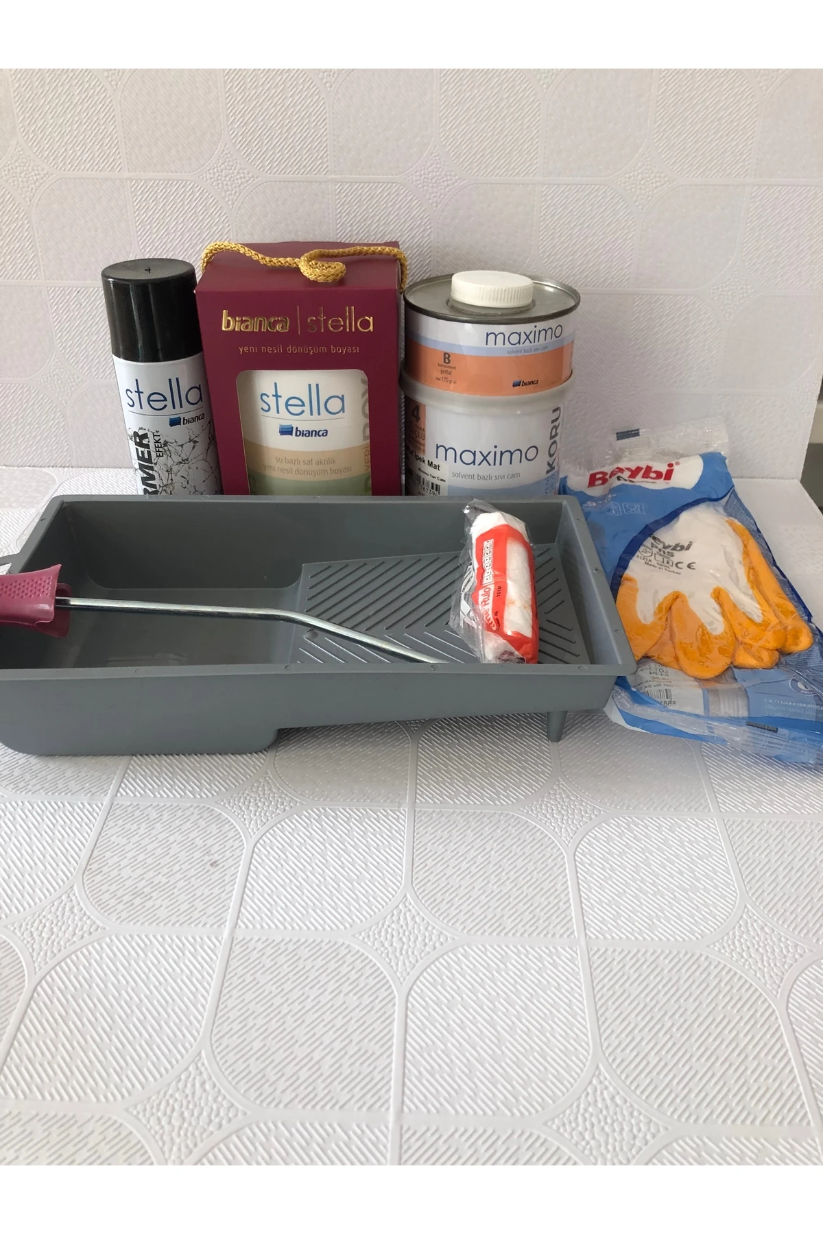 Stella Set 1 Lt-  Beyaz Boya + Siyah Mermer Effekt Sprey + Maximo Sıvı Cam Parlak