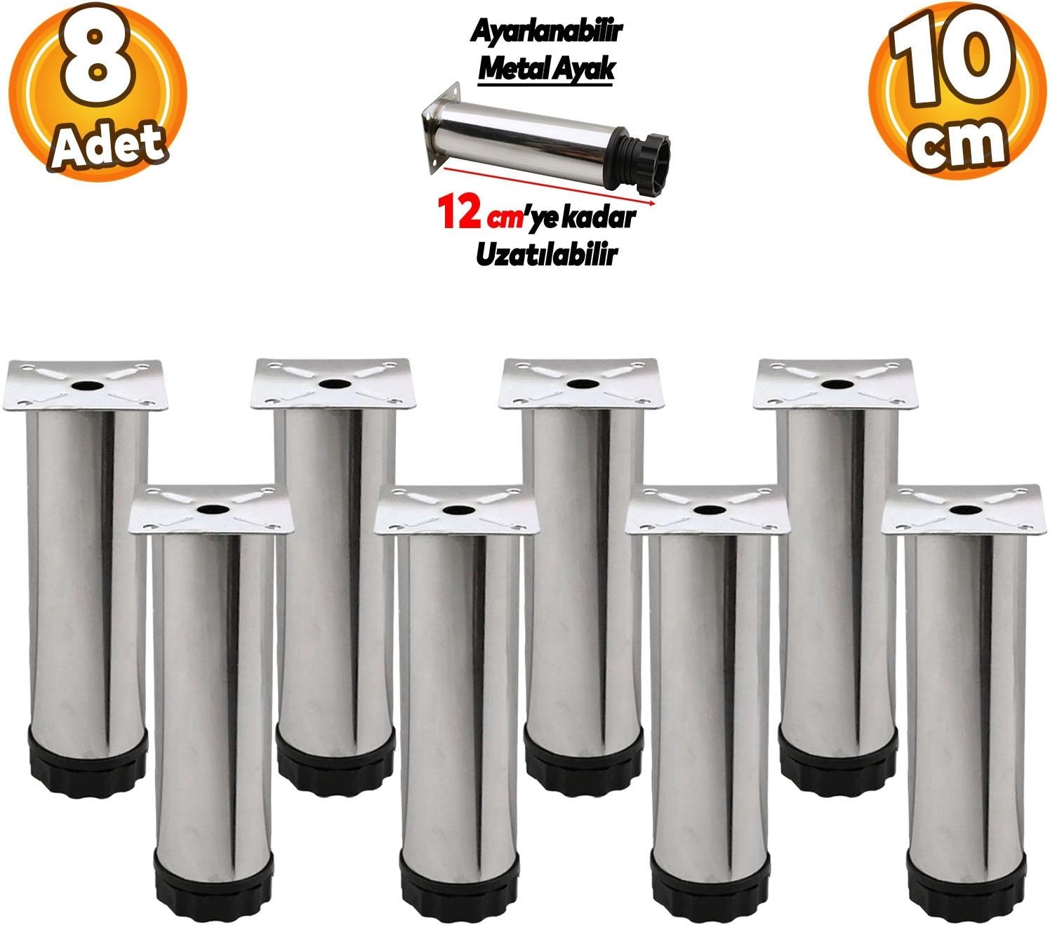 Dolap Ayarlanabilir Dolap Mobilya Kanepe Baza Koltuk Metal Destek Yükseltici Ayağı 10 Cm Krom (8 Adet)