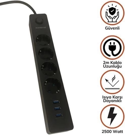 Termak Akım Korumalı 4 Priz 3 USB Girişli Uzatma Kablosu Güç&şarj