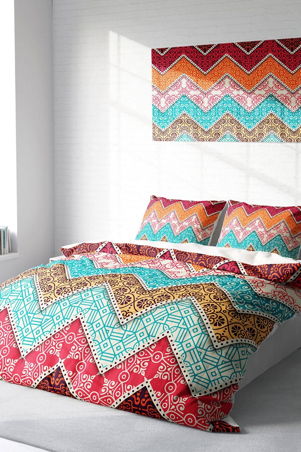 Kıng Sıze Zikzak Motif 3d Pamuk Saten Çift Kişilik Nevresim Takımı 220x240cm