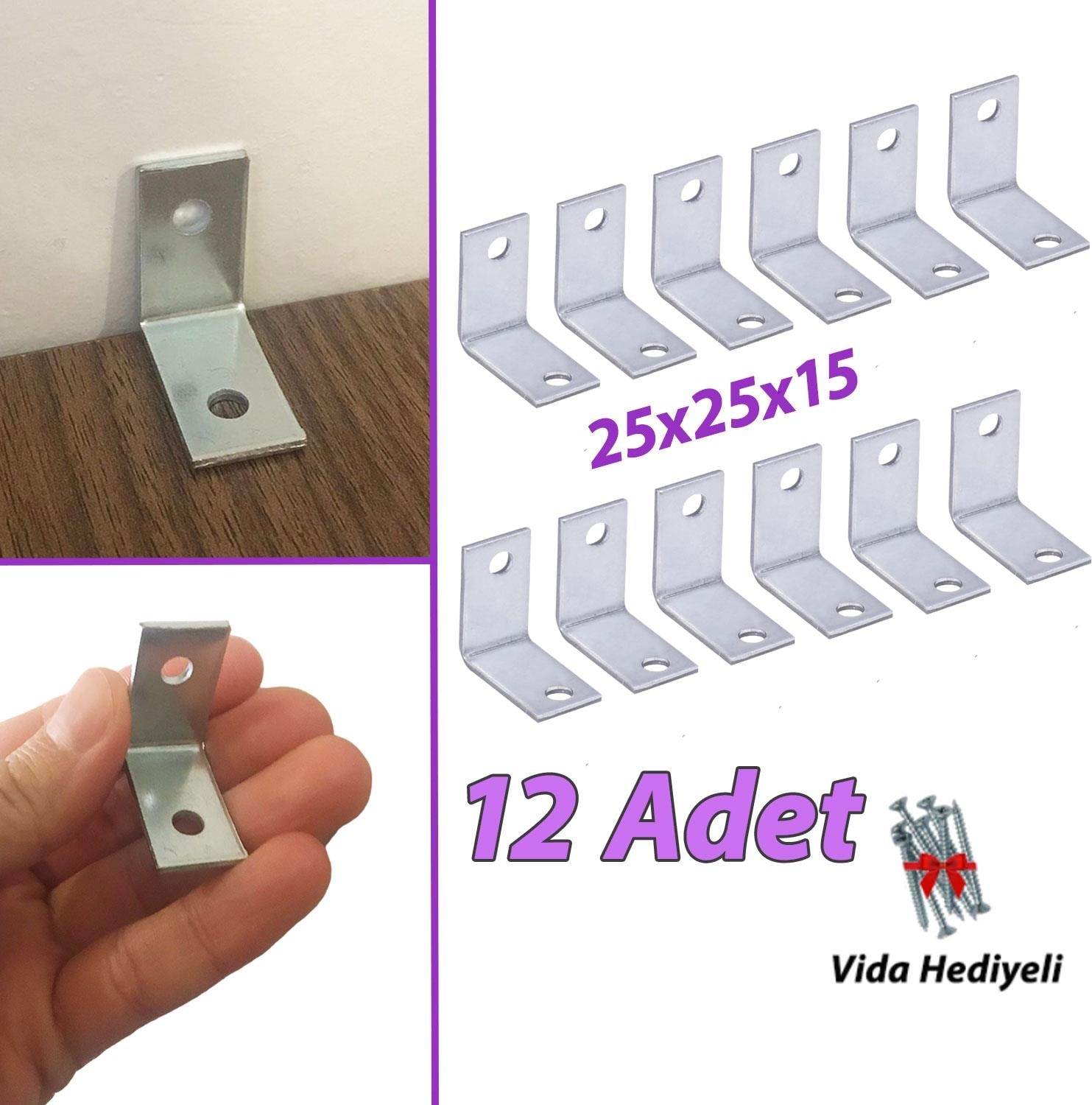 12 Adet Mobilya Eşya Dolap Duvar Sabitleyici Köşe Bağlantı L Demir Gönye Deprem Güvenliği 25 x 25 x 15 mm