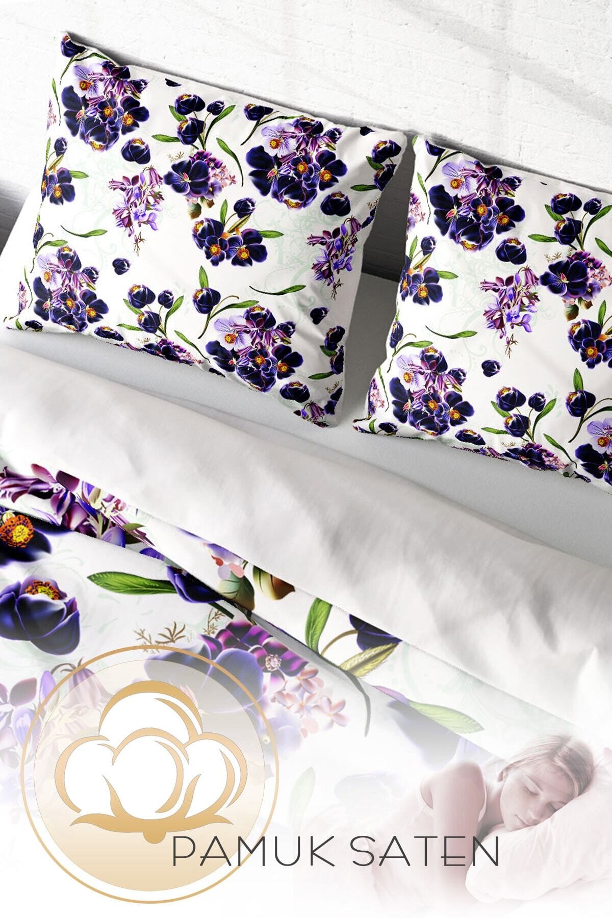 Kıng Sıze Purple Flowers Naturel Çift Kişilik Nevresim Takımı 220x240cm