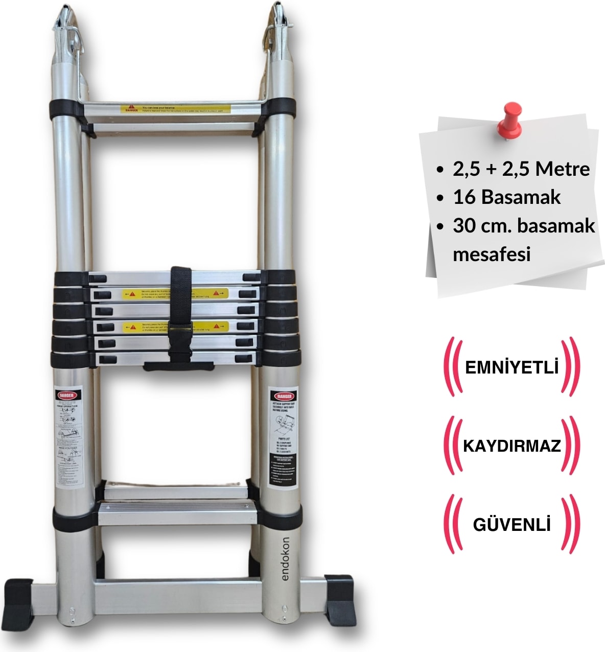 250 + 250 cm. - 8+8 Basamaklı Teleskobik / Teleskopik Merdiven - A Tipi Uzayan Merdiven