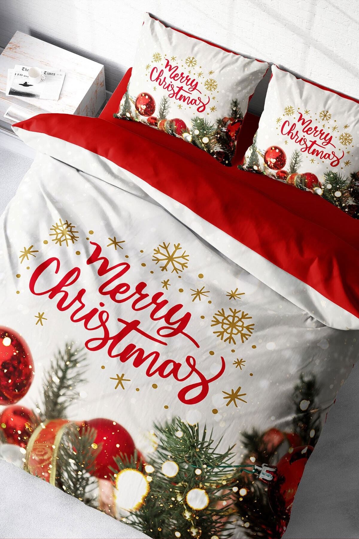 Kıng Sıze Yılbaşı Nevresim Takım %100 Doğal Pamuk Saten Noel Çift Kişilik Noel 220x240cm