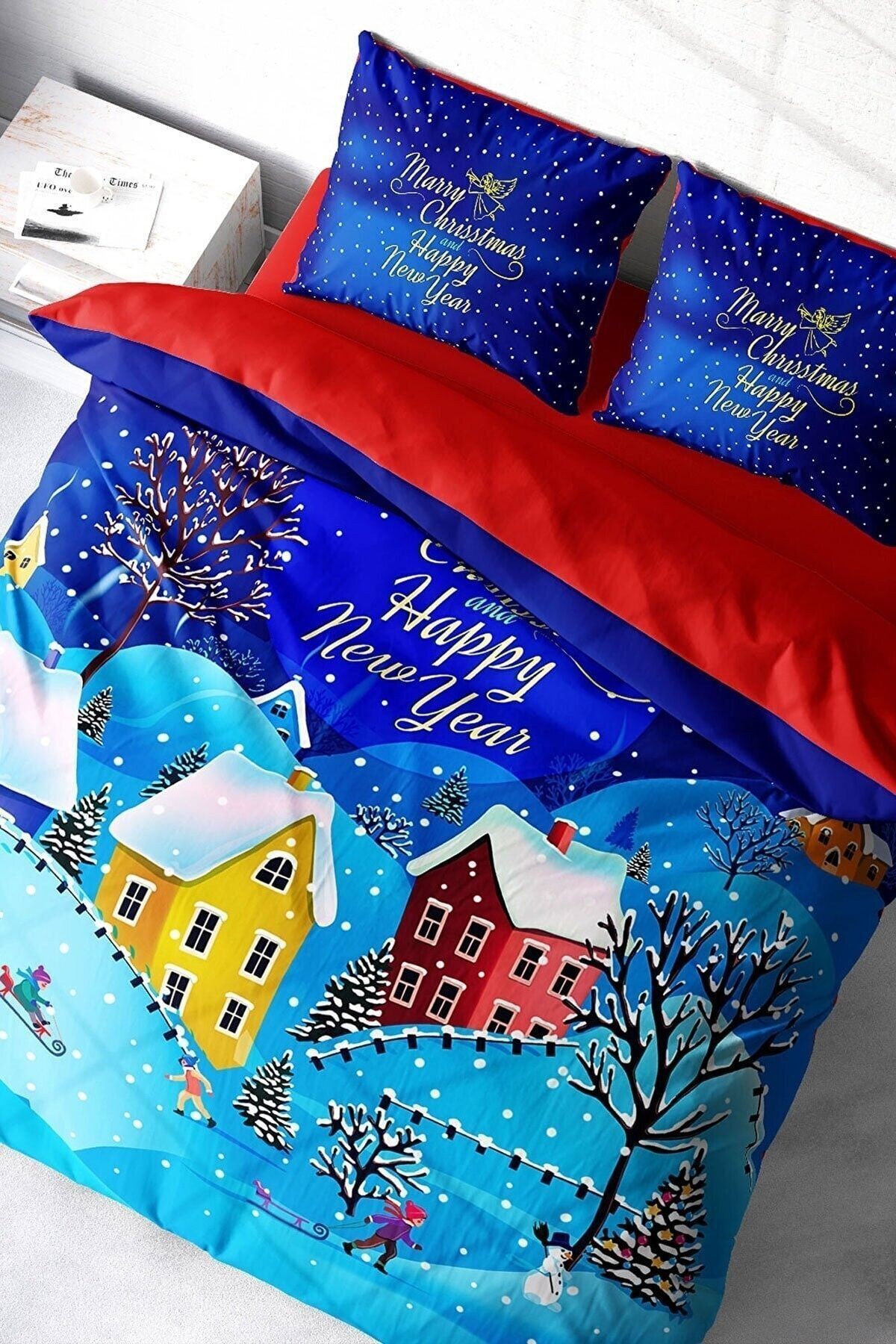 Yılbaşı Süsü Snow Noel %100 Pamuk Saten 3d Çift Kişilik Nevresim Takımı