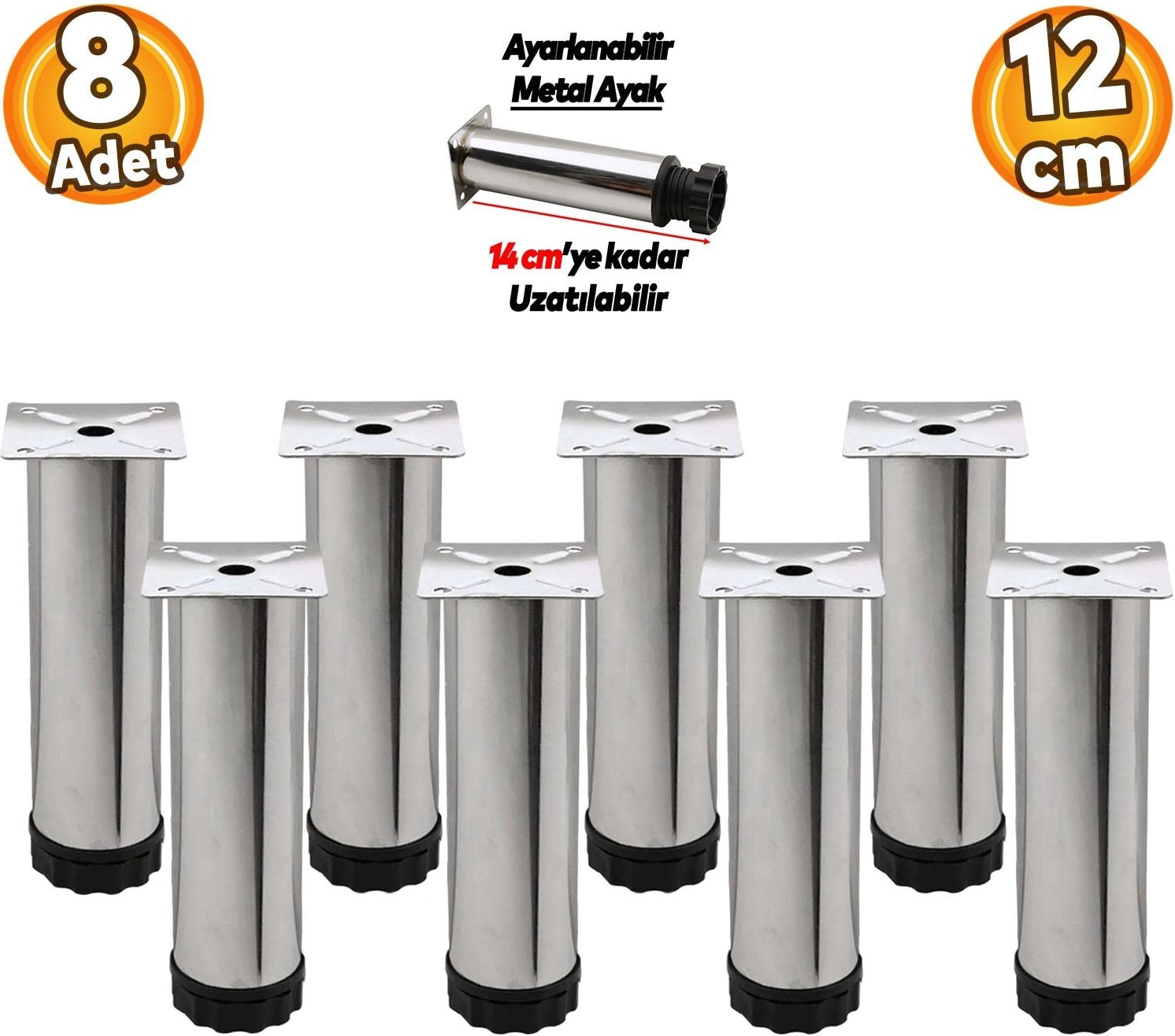 Ayarlanabilir Mobilya Kanepe Baza Koltuk Metal Destek Yükseltici Ayağı 12 cm Krom Ayakları (8 Adet)