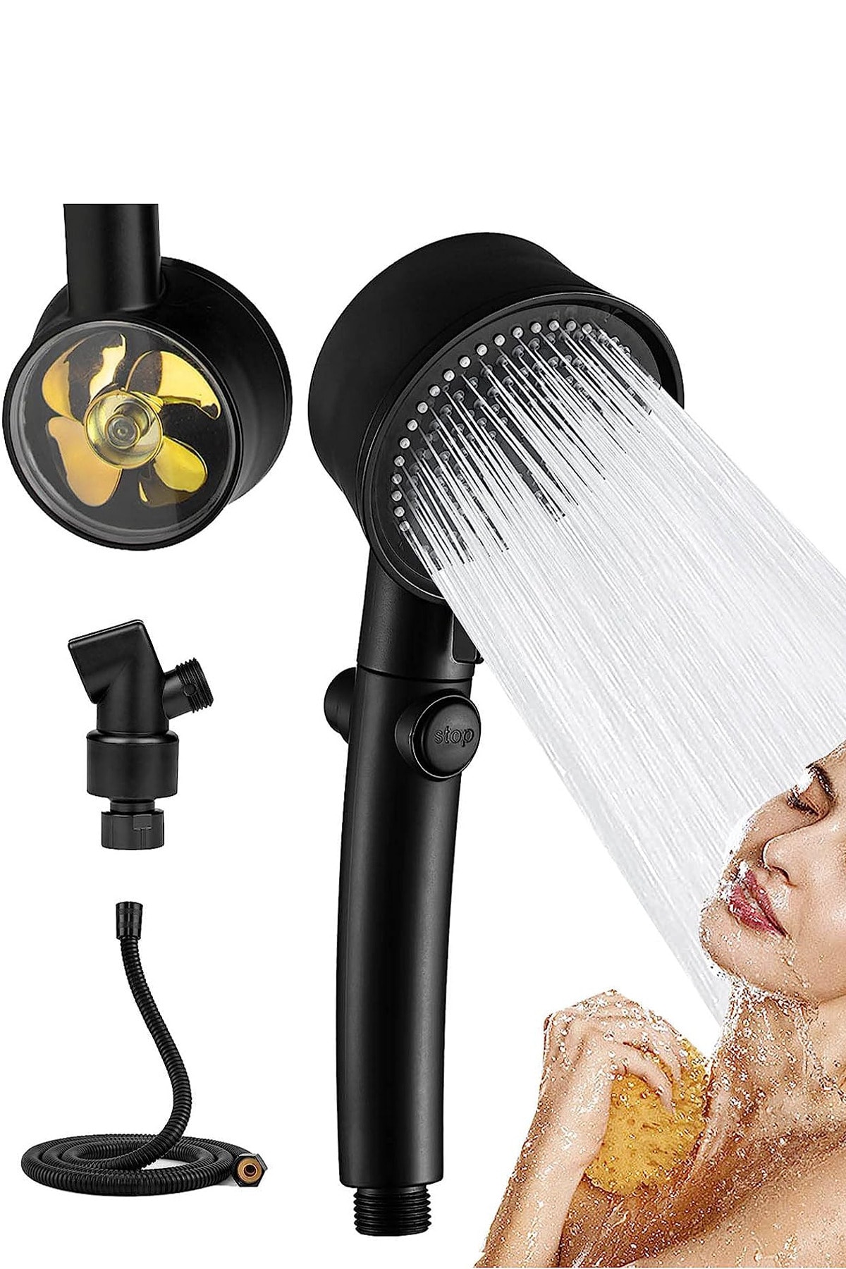 5 Fonksiyonlu Banyo Duş Seti Turbo Pervaneli Tasarruflu Duş Başlığı, Duş Hortumu 150 Cm Ve Mafsal