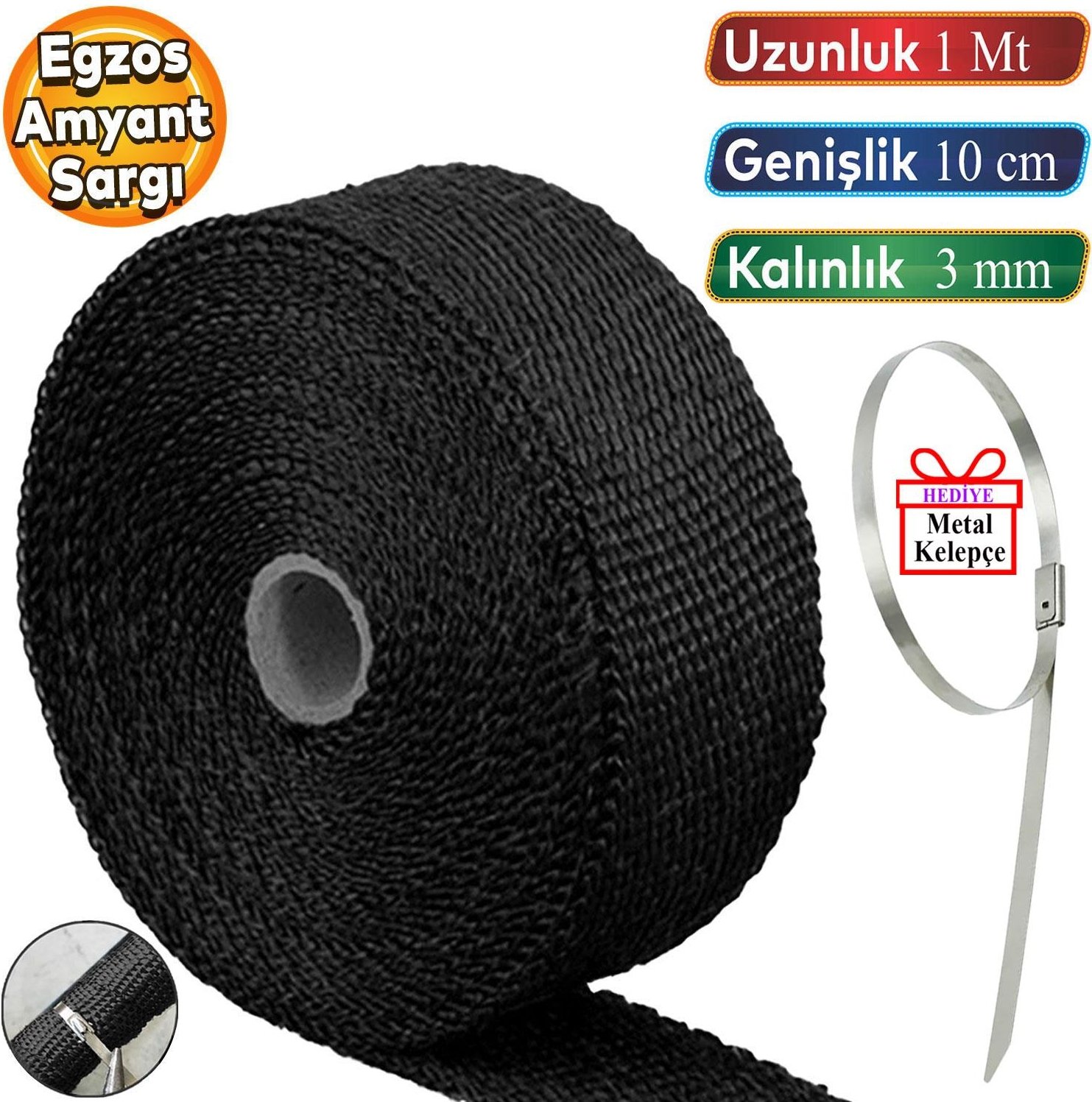 1 Metre 10 cm Cam Elyaf Eksoz Sargısı Metal Kelepçe Manifold Sargı Bezi Yanmaz Bant Siyah Amyant 3 mm (Kalınlık)