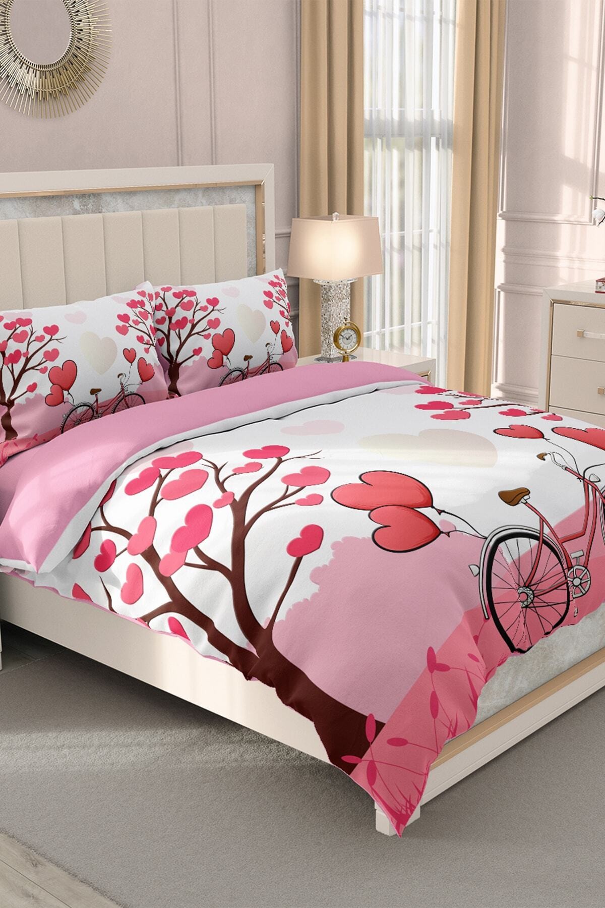 Kıng Sıze Sevgililer Günü Çift Kişilik Nevresim Takımı%100 Pamuk Saten Dilek Ağacı 220x240cm