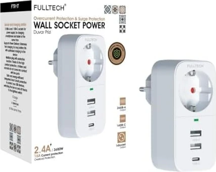 Akım Korumalı Priz, Tekli Duvar Prizi, 3680W Güç, 16A Akım ve Kısa Devre Koruması, 1x Priz Girişi, 2x USB Girişi, 1x Type-C Girişi, Kablusuz Ergonomik Tasarım, Dayanıklı Yapı