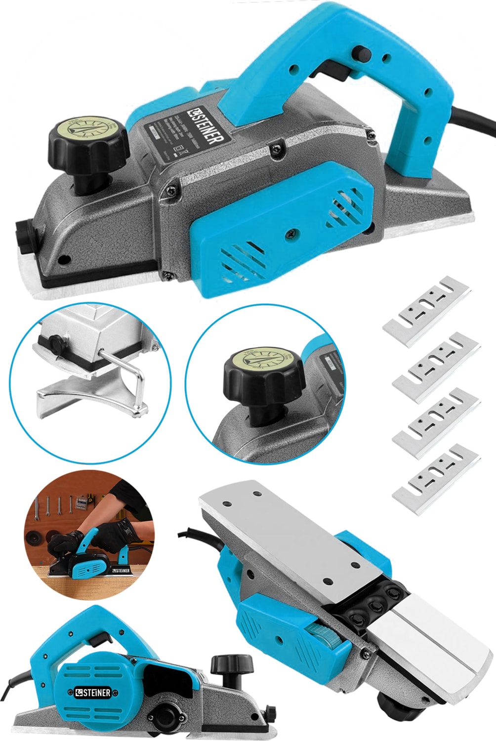 Alman 4200 W Bakır Sargı Metal Şanzıman Motor Korumalı Çift Bıçaklı Planya Rende Makinesi + 4 Bıçak