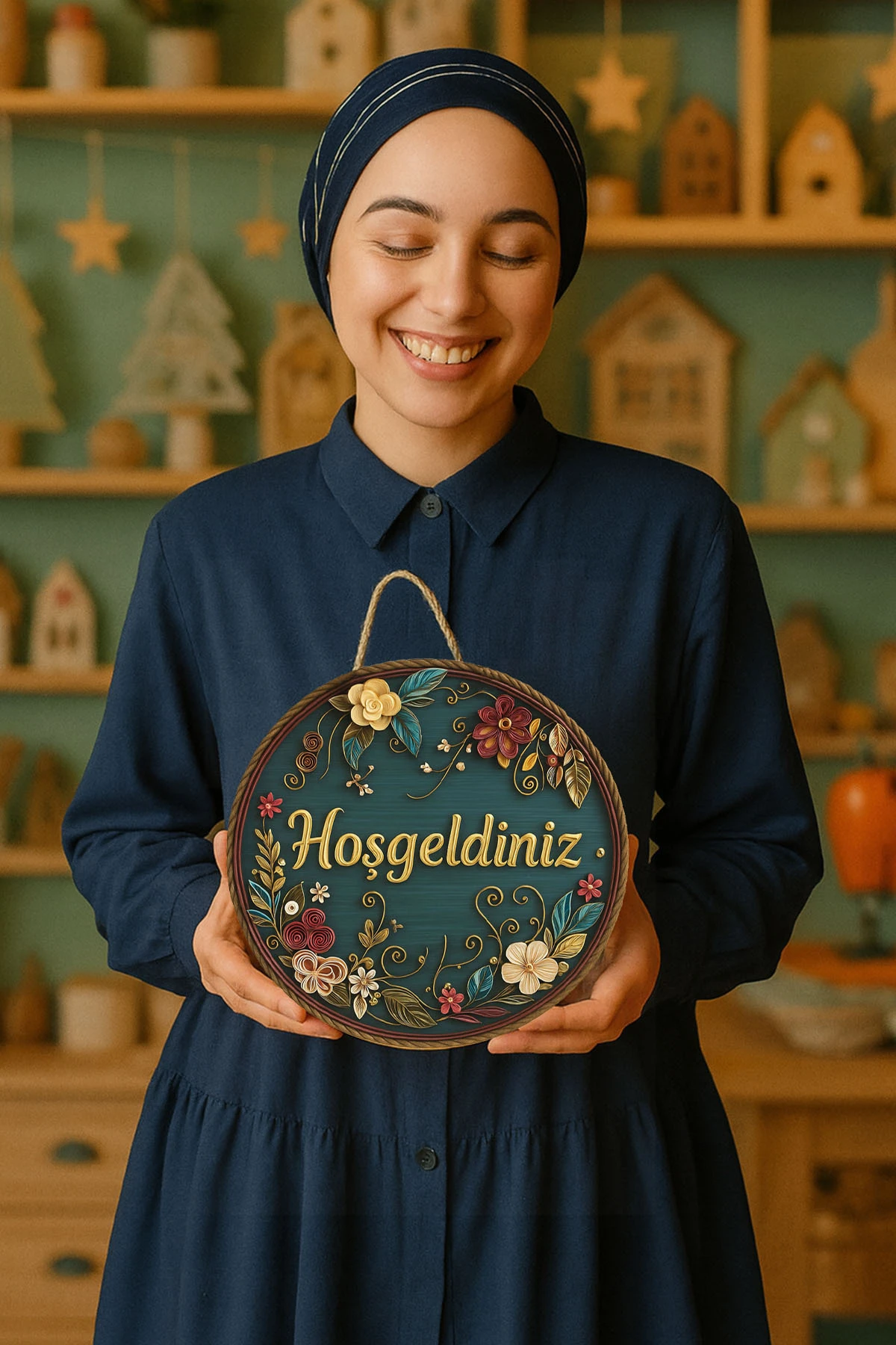 Kapı Süsü Ahşap MDF "Hoş geldiniz" Yazılı - Çiçek Desenli - UV Baskılı