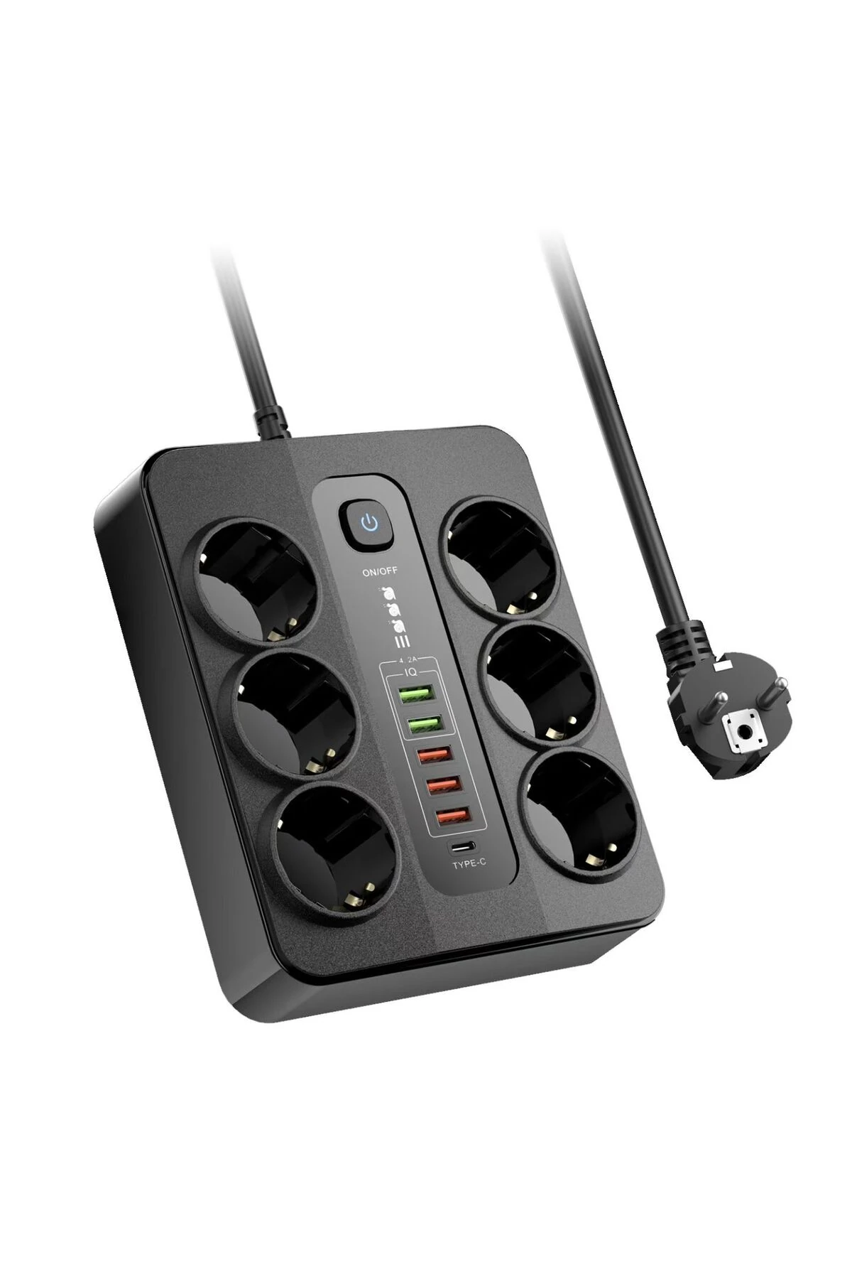 Termal Akım Korumalı 3000W 6’lı Priz – 2m Kablo – 5 USB + 1 Type-C PD Hızlı Şarj Beyaz