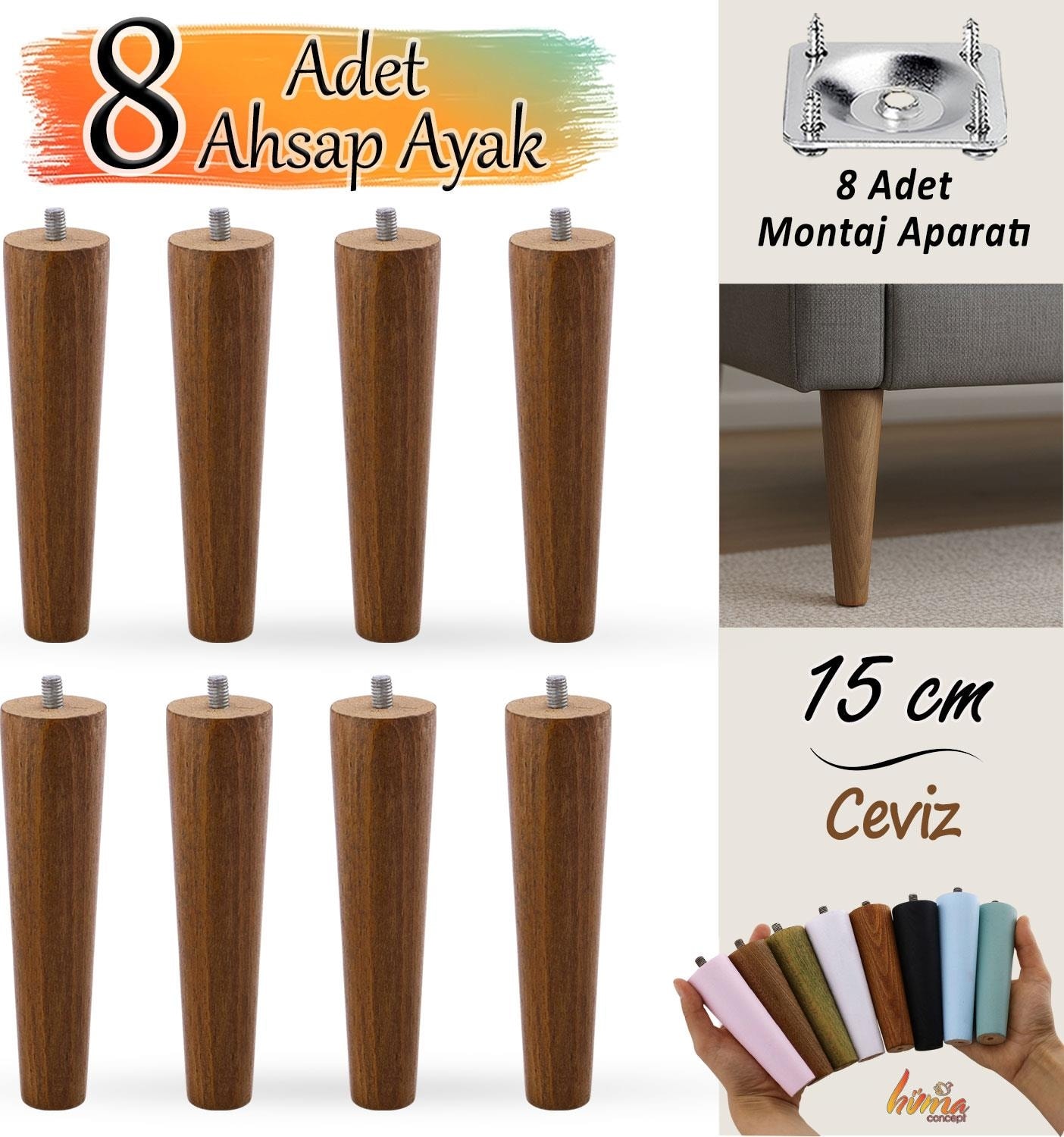 8 Adet Ahşap Ayak 15 cm Ceviz M8 Civatalı Bağlantı Aparatlı Dolap Mobilya Koltuk Kanepe Destek Ayağı Ayakları