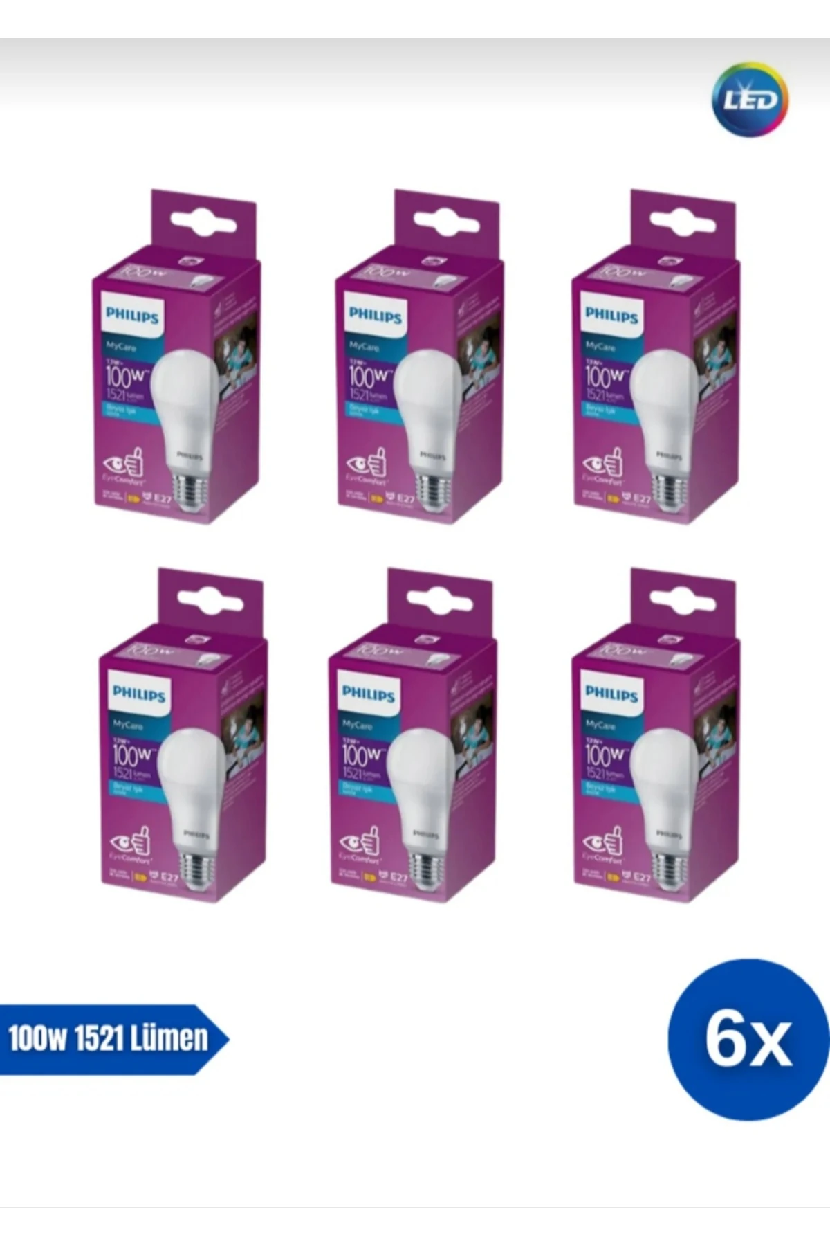 6'Lı Paket 13w 6500 Kelvin Beyaz ışık E27 Duylu 1521 Lümen E Enerji Tüketimi MyCare Led Ampul