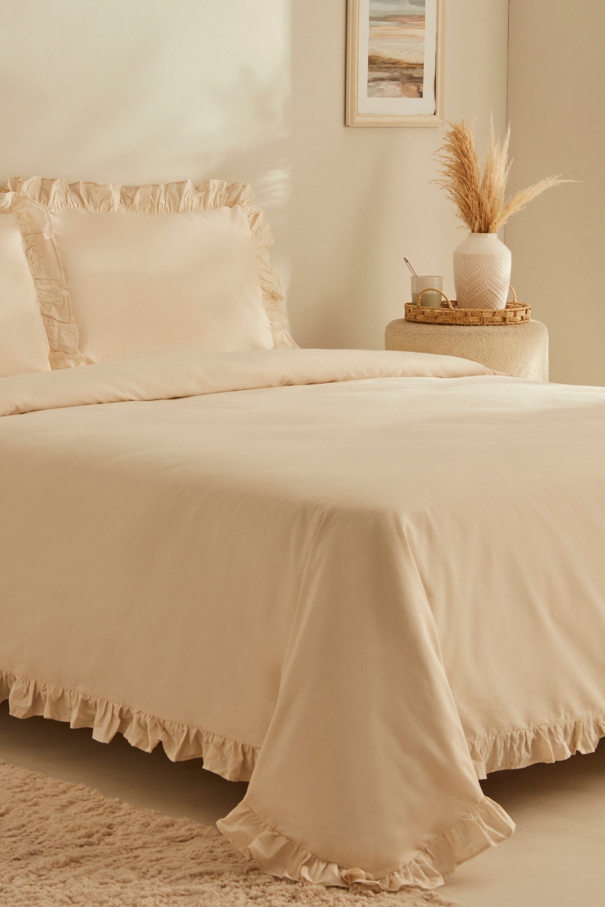 Pure Ruffle %100 Pamuk Çift Kişilik Nevresim Takımı Açık Bej