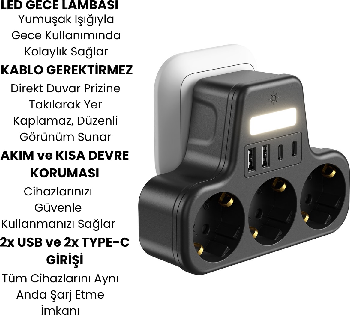 3’lü Duvar Tipi Akım Korumalı Priz | 2 Usb-A + 2 Type-C Girişli | LED Gece Lambalı Akıllı Çoklu Priz