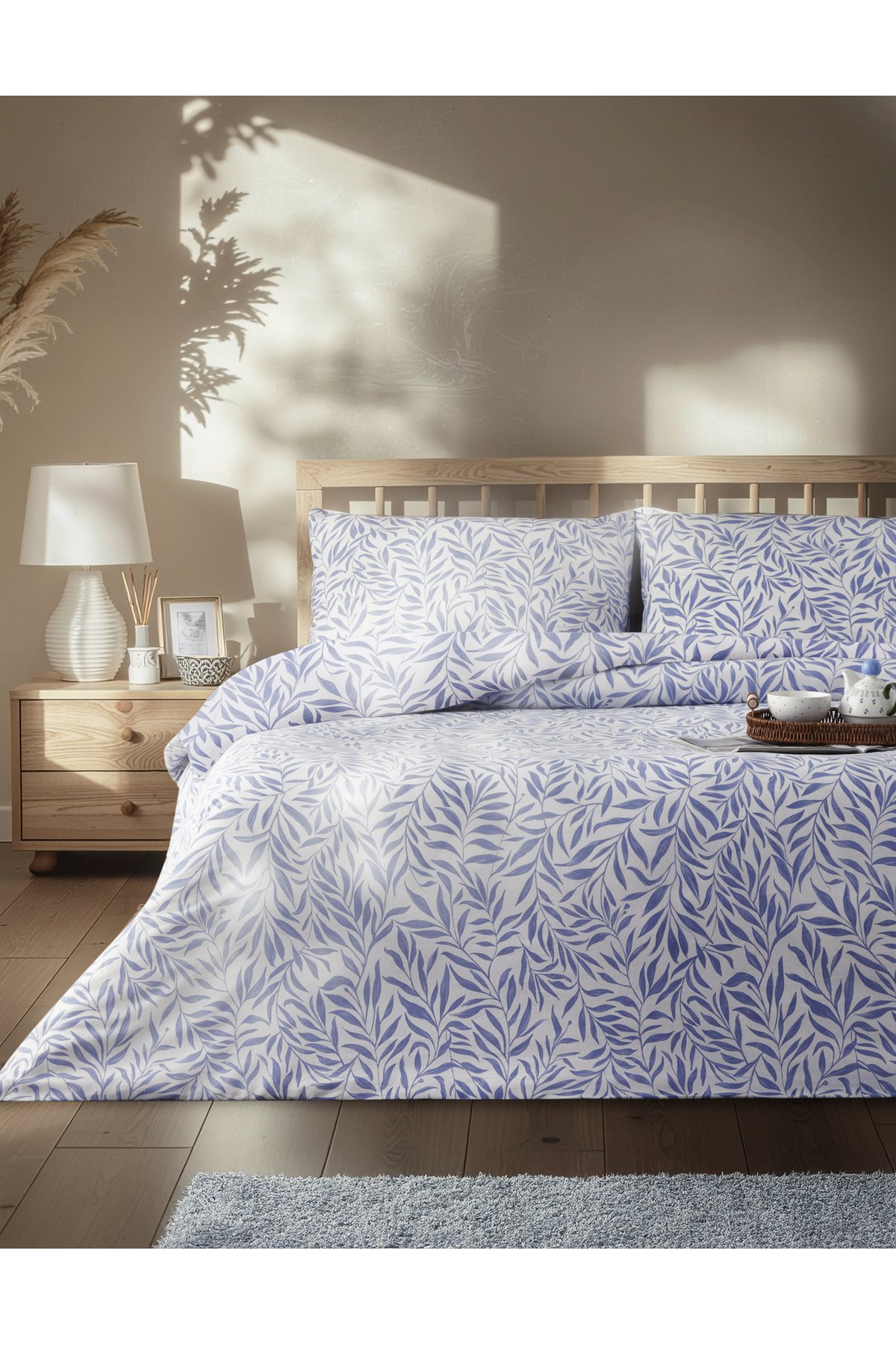 Leaf Dream Kolay Ütülenir Çift Kişilik Nevresim Takımı 200x220 cm Mavi