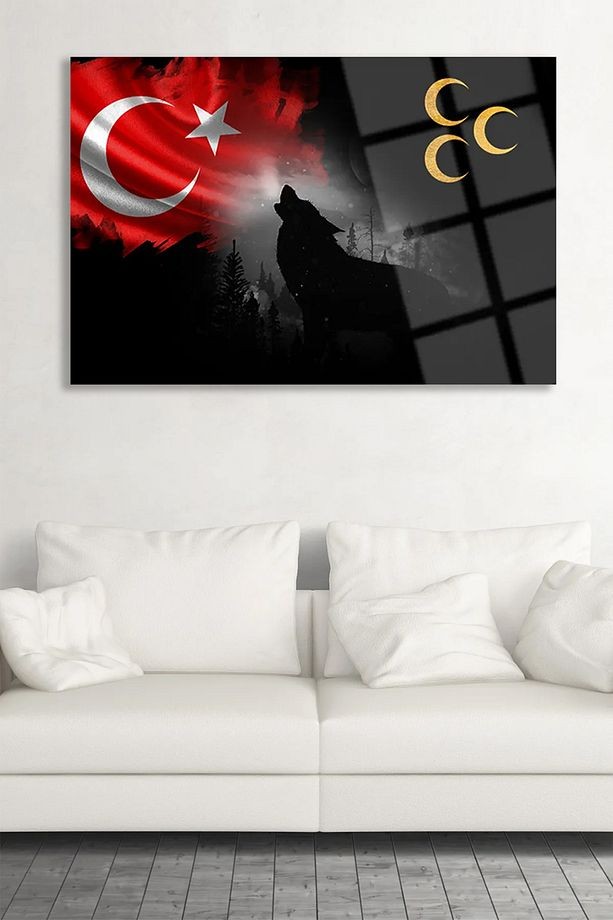 Bozkurt Üç Hilal Türk Bayrağı Cam Tablo