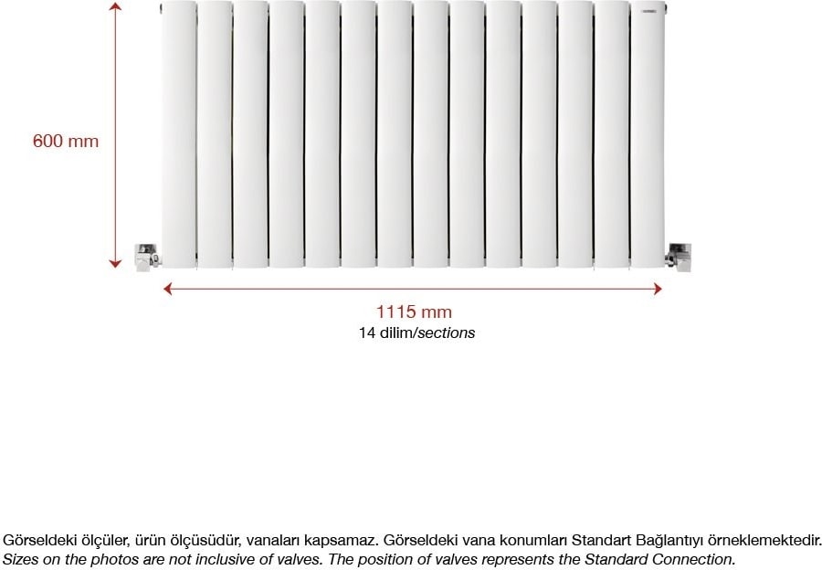 600 x 1115 mm Lilac Yatay Beyaz Alüminyum Radyatör Standart Bağlantı