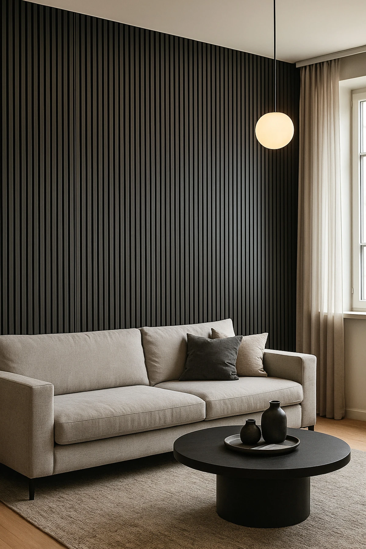 Antrasit Renk MDF Tabanlı Duvar Paneli 24x240 cm – Akustik Çıtalı Panel | 8 mm Kalınlık