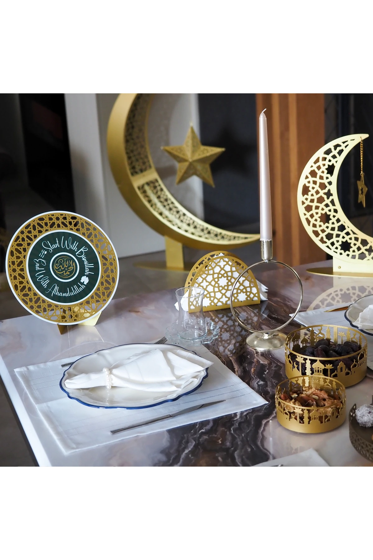 Cami Desenli 3'lü Metal Dekoratif Kase Seti - Islami Dekor - Ramazan Dini Ev Dekorasyonu Wamh127