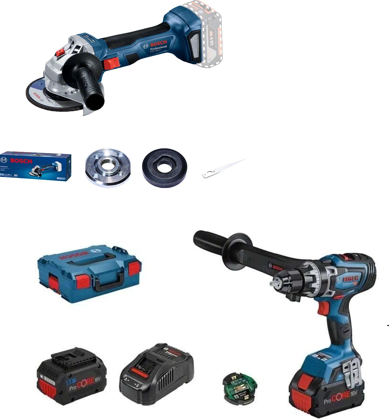 BOSCH Gsr 18V-150 C Kömürsüz Şarjlı Matkap ( 150 Nm )+ Gws 180-LI ( 125 mm ) Avuç Içi Taşlama + 2 Adet 8 Ah Pro Core Akü + 1 Adet Dolum Cihazı