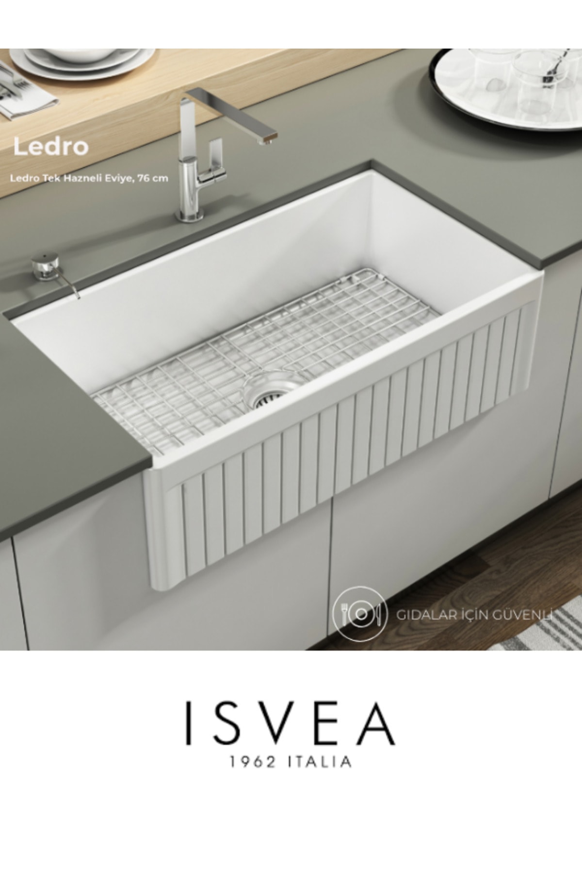 LEDRO 76cm Seramik Mutfak Eviyesi(SÜZGEÇ VE METAL IZGARA DAHİL)