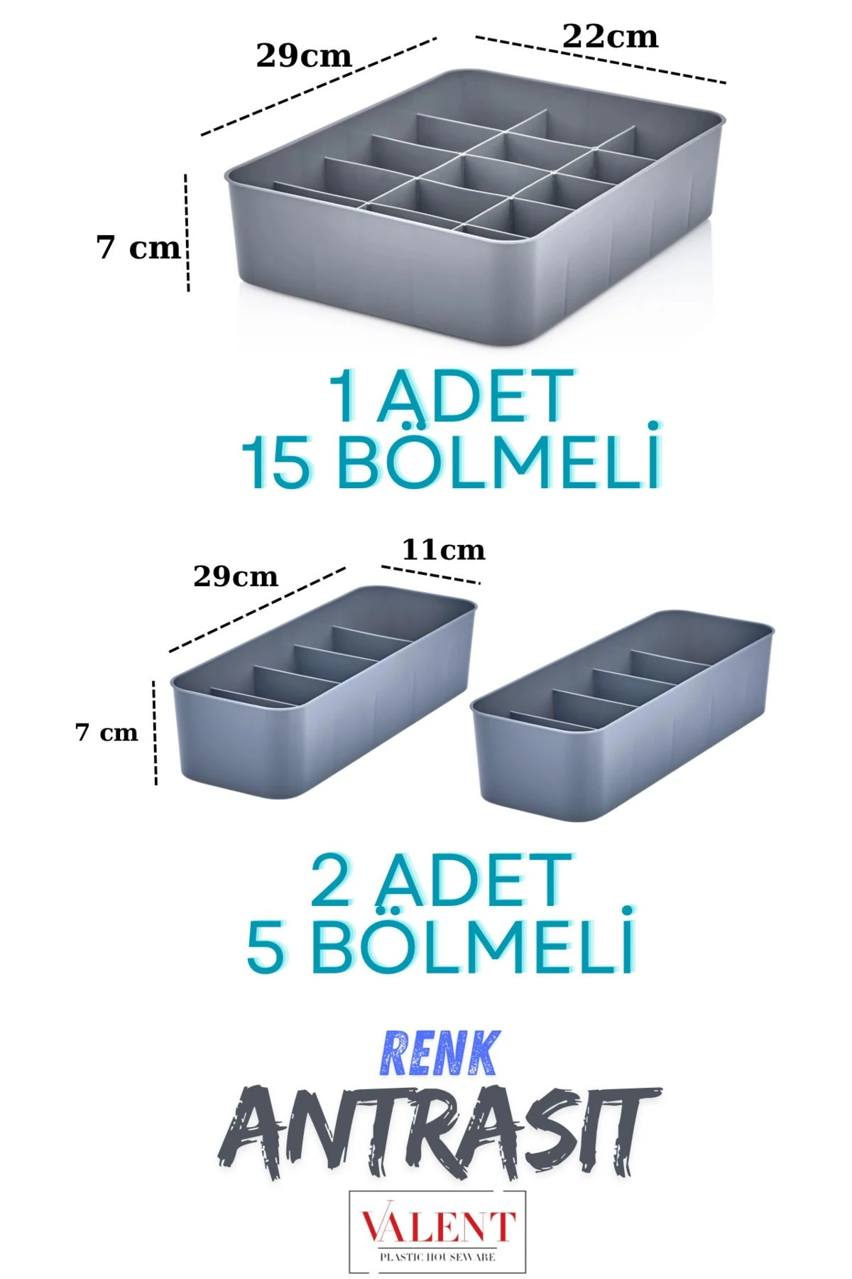 3'lü Set Bölmeli Makyaj Takı Organizer, Banyo Mutfak Düzenleyici 15gözlü 1adet, 5gözlü 2adet ANTRAST
