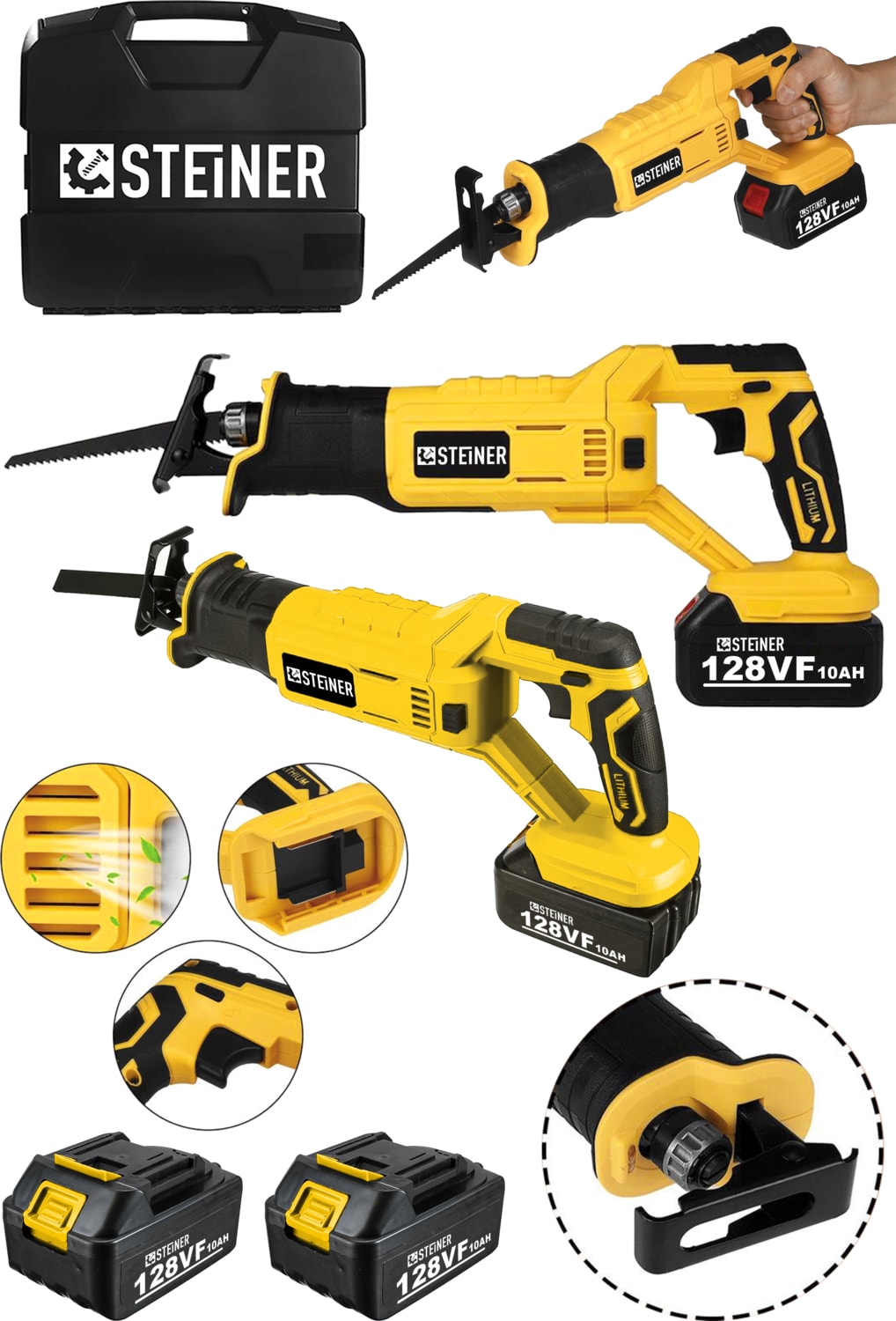 Alman 128 Vf 10 Ah Kömürsüz Motor Kemik Ahşap Demir Kesmetilki Kuyruğu Akülü Testere Makinesi Sarı