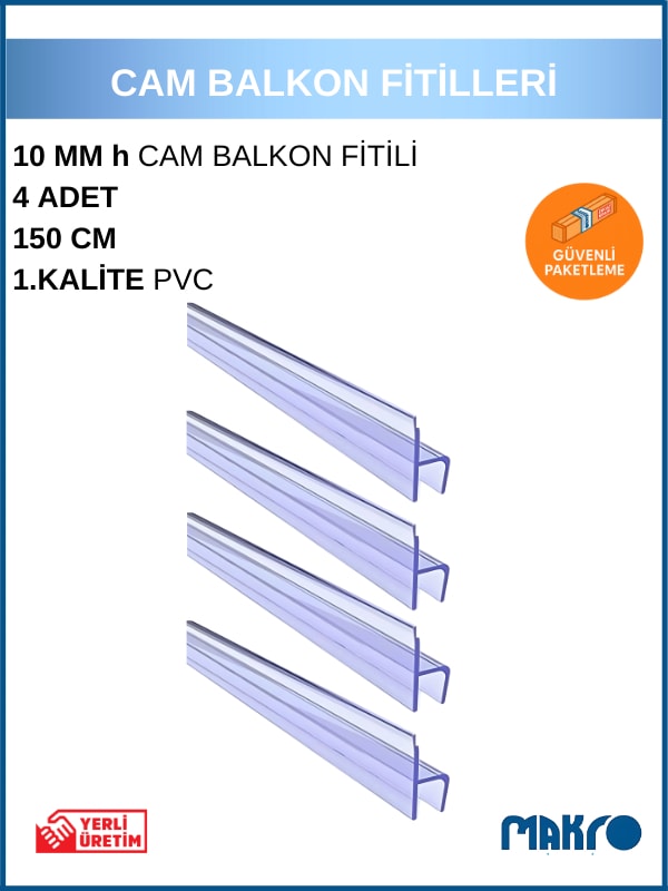 10 mm Küçük h (Y) Cam Balkon Şeffaf Fitil 150 cm 4 Adet